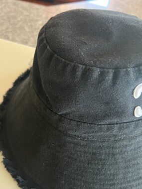 Black Frayed Edge Bucket Hat with White Embroidered Detail